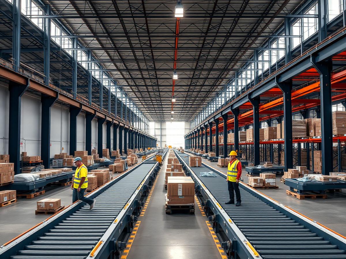 Cross-Docking-Halle mit Förderbändern und Paketumschlag