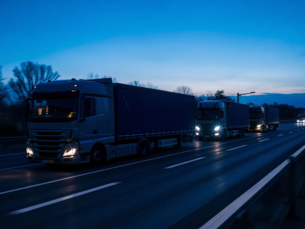 Linehaul-Lkw-Flotte auf der Autobahn zur blauen Stunde